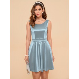 Mini Bow Back Solid Satin Fit and Flare Sleeveless Dress - Elegant Party and Banquet Outfit for Women - Perfect for Birthday, Wedding, and Engagement Occasions Mini Bow Back Solid Satin Fit and Flare Sleeveless Dress - Elegant Party and Banquet Outfit for Women - Perfect for Birthday, Wedding, and Engagement Occasions