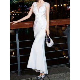 Sleeveless Contrast Mesh V Neck Bodycon Dress, Elegant Evening Dress For Wedding Party, Women's Clothing Sleeveless Contrast Mesh V Neck Bodycon Dress, Elegant Evening Dress For Wedding Party, Women's Clothing