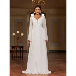 Solid V-neck Pleated Sweep Train Dress, Elegant Flare Sleeve Trumpet Dress For Wedding Party, Women's Clothing Solid V-neck Pleated Sweep Train Dress, Elegant Flare Sleeve Trumpet Dress For Wedding Party, Women's Clothing