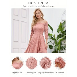 3/4 Sleeves Lace High-Low Off Shoulder Bridesmaid Dress, Cocktail Party Dress for Church Wedding Guest Formal Party 3/4 Sleeves Lace High-Low Off Shoulder Bridesmaid Dress, Cocktail Party Dress for Church Wedding Guest Formal Party