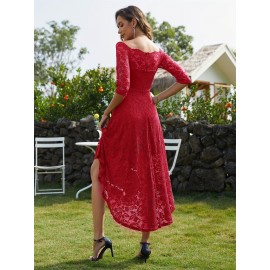 3/4 Sleeves Lace High-Low Off Shoulder Bridesmaid Dress, Cocktail Party Dress for Church Wedding Guest Formal Party 3/4 Sleeves Lace High-Low Off Shoulder Bridesmaid Dress, Cocktail Party Dress for Church Wedding Guest Formal Party