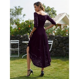 3/4 Sleeves Lace High-Low Off Shoulder Bridesmaid Dress, Cocktail Party Dress for Church Wedding Guest Formal Party 3/4 Sleeves Lace High-Low Off Shoulder Bridesmaid Dress, Cocktail Party Dress for Church Wedding Guest Formal Party