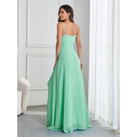 Elegant Extra-long Cami Dress - Classic Solid V Neckline, Delicate Ruffle Trim Details, Dramatic Split Sleeveless Design, Sultry Backless Style - Exuding Elegance, Perfect for Wedding Occasions, Designed for Women Elegant Extra-long Cami Dress - Classic Solid V Neckline, Delicate Ruffle Trim Details, Dramatic Split Sleeveless Design, Sultry Backless Style - Exuding Elegance, Perfect for Wedding Occasions, Designed for Women