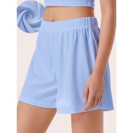 Sold Ribbed Elastic Waist Shorts, Casual Basic Shorts For Summer & Spring, Women's Clothing Sold Ribbed Elastic Waist Shorts, Casual Basic Shorts For Summer & Spring, Women's Clothing