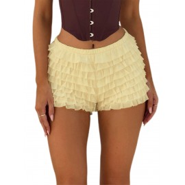 Women Shorts, Summer Elastic Waist Solid Layered Slim Fit Casual Shorts Clubwear Women Shorts, Summer Elastic Waist Solid Layered Slim Fit Casual Shorts Clubwear