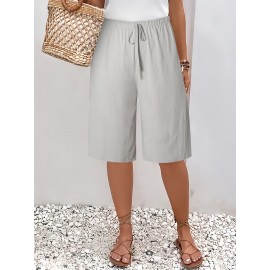 1pc Women'S Casual Polyester Shorts, Solid Color, All-Season, Woven Fabric, with Fake Drawstring Detail 1pc Women'S Casual Polyester Shorts, Solid Color, All-Season, Woven Fabric, with Fake Drawstring Detail