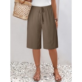 1pc Women'S Casual Polyester Shorts, Solid Color, All-Season, Woven Fabric, with Fake Drawstring Detail 1pc Women'S Casual Polyester Shorts, Solid Color, All-Season, Woven Fabric, with Fake Drawstring Detail