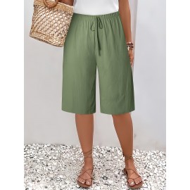 1pc Women'S Casual Polyester Shorts, Solid Color, All-Season, Woven Fabric, with Fake Drawstring Detail 1pc Women'S Casual Polyester Shorts, Solid Color, All-Season, Woven Fabric, with Fake Drawstring Detail