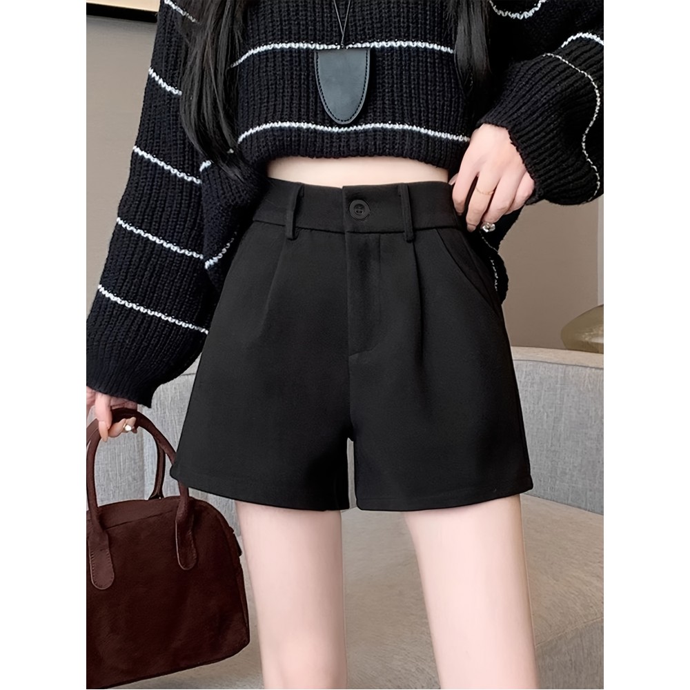 Elegant High-Waist Fleece Shorts for Women - Slimming A-Line Fit, Perfect for Fall & Winter with Pockets Elegant High-Waist Fleece Shorts for Women - Slimming A-Line Fit, Perfect for Fall & Winter with Pockets