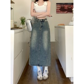 Vintage-Inspired High-Waist Split A-Line Denim Midi Skirt - Slimming, Casual Style with Button Detail, Machine Washable Vintage-Inspired High-Waist Split A-Line Denim Midi Skirt - Slimming, Casual Style with Button Detail, Machine Washable
