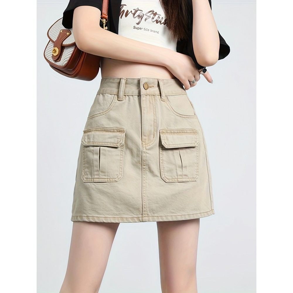 Plain Flap Pocket Cargo Denim Skirt, High Rise Versatile Hot Mini Denim Skirt, Women's Denim Jeans & Clothing Plain Flap Pocket Cargo Denim Skirt, High Rise Versatile Hot Mini Denim Skirt, Women's Denim Jeans & Clothing