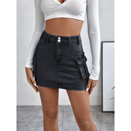Plain Flap Pockets Cargo Denim Mini Skirt, High Stretch Double Button Washed Denim Skirt, Women's Denim Clothing Plain Flap Pockets Cargo Denim Mini Skirt, High Stretch Double Button Washed Denim Skirt, Women's Denim Clothing