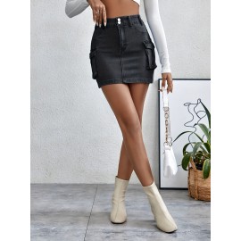Plain Flap Pockets Cargo Denim Mini Skirt, High Stretch Double Button Washed Denim Skirt, Women's Denim Clothing Plain Flap Pockets Cargo Denim Mini Skirt, High Stretch Double Button Washed Denim Skirt, Women's Denim Clothing