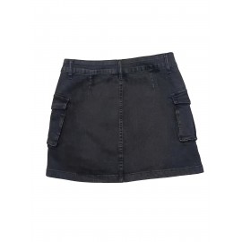 Plain Flap Pockets Cargo Denim Mini Skirt, High Stretch Double Button Washed Denim Skirt, Women's Denim Clothing Plain Flap Pockets Cargo Denim Mini Skirt, High Stretch Double Button Washed Denim Skirt, Women's Denim Clothing