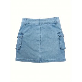 Plain Flap Pockets Cargo Denim Mini Skirt, High Stretch Double Button Washed Denim Skirt, Women's Denim Clothing Plain Flap Pockets Cargo Denim Mini Skirt, High Stretch Double Button Washed Denim Skirt, Women's Denim Clothing