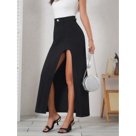 Elegant Black Denim Midi Skirt for Women - Asymmetrical, Non-Stretch, Machine Washable - Perfect for Spring/Summer/Fall Elegant Black Denim Midi Skirt for Women - Asymmetrical, Non-Stretch, Machine Washable - Perfect for Spring/Summer/Fall