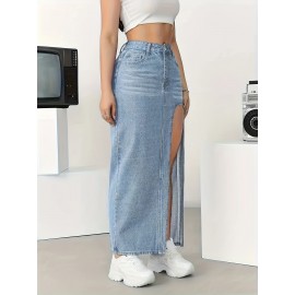 Split Side Whiskering Light Washed Blue Casual Style Stretchy Maxi Denim Skirt, Women's Denim Jeans & Clothing Split Side Whiskering Light Washed Blue Casual Style Stretchy Maxi Denim Skirt, Women's Denim Jeans & Clothing