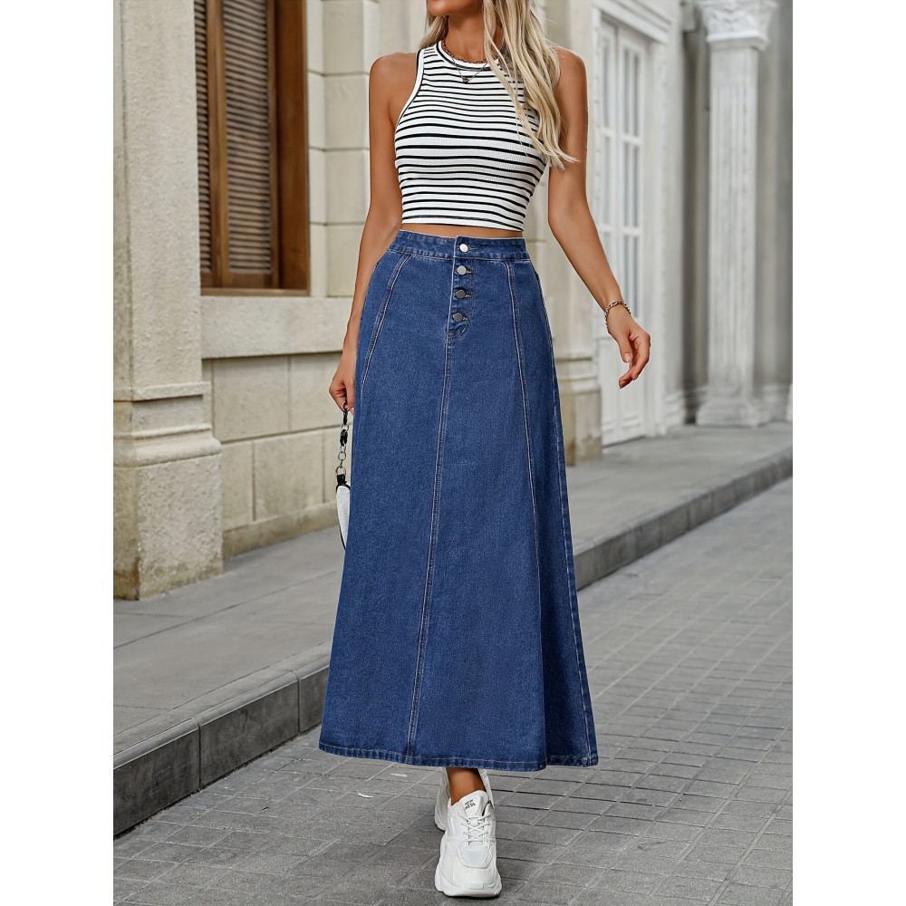 Single-breasted Plain Washed Blue Denim Skirt, Elegant High Rise Maxi Denim Skirt, Women's Denim Jeans & Clothing Single-breasted Plain Washed Blue Denim Skirt, Elegant High Rise Maxi Denim Skirt, Women's Denim Jeans & Clothing
