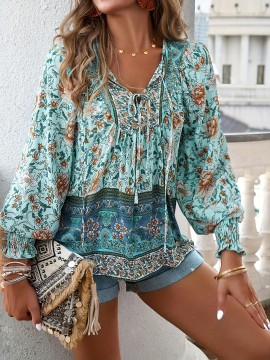 Floral Print V Neck Blouse, Casual Drawstring Long Sleeve Blouse For Spring & Fall, Women's Clothing