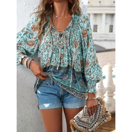 Floral Print V Neck Blouse, Casual Drawstring Long Sleeve Blouse For Spring & Fall, Women's Clothing Floral Print V Neck Blouse, Casual Drawstring Long Sleeve Blouse For Spring & Fall, Women's Clothing