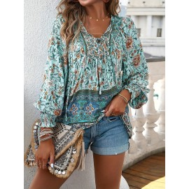 Floral Print V Neck Blouse, Casual Drawstring Long Sleeve Blouse For Spring & Fall, Women's Clothing Floral Print V Neck Blouse, Casual Drawstring Long Sleeve Blouse For Spring & Fall, Women's Clothing
