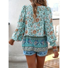Floral Print V Neck Blouse, Casual Drawstring Long Sleeve Blouse For Spring & Fall, Women's Clothing Floral Print V Neck Blouse, Casual Drawstring Long Sleeve Blouse For Spring & Fall, Women's Clothing