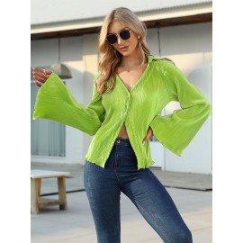 Textured Button Front Collared Blouse, Elegant Bell Sleeve Lettuce Trim Blouse, Women's Clothing Textured Button Front Collared Blouse, Elegant Bell Sleeve Lettuce Trim Blouse, Women's Clothing