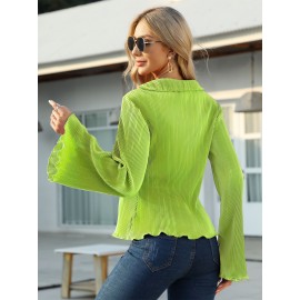 Textured Button Front Collared Blouse, Elegant Bell Sleeve Lettuce Trim Blouse, Women's Clothing Textured Button Front Collared Blouse, Elegant Bell Sleeve Lettuce Trim Blouse, Women's Clothing