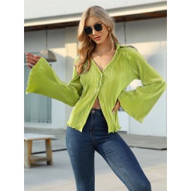 Textured Button Front Collared Blouse, Elegant Bell Sleeve Lettuce Trim Blouse, Women's Clothing Textured Button Front Collared Blouse, Elegant Bell Sleeve Lettuce Trim Blouse, Women's Clothing