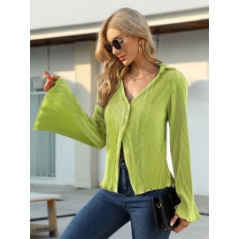 Textured Button Front Collared Blouse, Elegant Bell Sleeve Lettuce Trim Blouse, Women's Clothing Textured Button Front Collared Blouse, Elegant Bell Sleeve Lettuce Trim Blouse, Women's Clothing