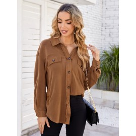 Drop Shoulder Button Front Shirt, Casual Long Sleeve With Pocket Shirt For Spring & Fall, Women's Clothing Drop Shoulder Button Front Shirt, Casual Long Sleeve With Pocket Shirt For Spring & Fall, Women's Clothing