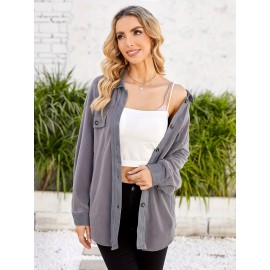 Drop Shoulder Button Front Shirt, Casual Long Sleeve With Pocket Shirt For Spring & Fall, Women's Clothing Drop Shoulder Button Front Shirt, Casual Long Sleeve With Pocket Shirt For Spring & Fall, Women's Clothing