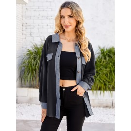 Drop Shoulder Button Front Shirt, Casual Long Sleeve With Pocket Shirt For Spring & Fall, Women's Clothing Drop Shoulder Button Front Shirt, Casual Long Sleeve With Pocket Shirt For Spring & Fall, Women's Clothing