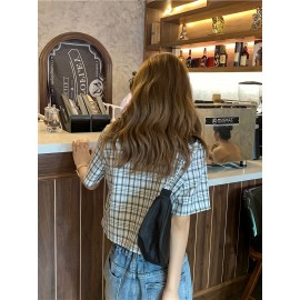 Plaid Print Double Breasted Crop Blouse, Casual Short Sleeve Lapel Blouse For Spring & Summer, Women's Clothing Plaid Print Double Breasted Crop Blouse, Casual Short Sleeve Lapel Blouse For Spring & Summer, Women's Clothing