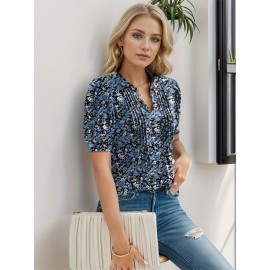 Floral Print Notched Neck Blouse, Casual Pleated Puff Sleeve Blouse For Spring & Summer, Women's Clothing Floral Print Notched Neck Blouse, Casual Pleated Puff Sleeve Blouse For Spring & Summer, Women's Clothing