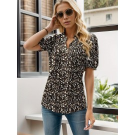 Floral Print Notched Neck Blouse, Casual Pleated Puff Sleeve Blouse For Spring & Summer, Women's Clothing Floral Print Notched Neck Blouse, Casual Pleated Puff Sleeve Blouse For Spring & Summer, Women's Clothing