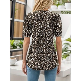 Floral Print Notched Neck Blouse, Casual Pleated Puff Sleeve Blouse For Spring & Summer, Women's Clothing Floral Print Notched Neck Blouse, Casual Pleated Puff Sleeve Blouse For Spring & Summer, Women's Clothing