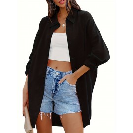 Solid Color Lapel Neck Blouse, Casual Button Front Long Sleeve Fit Blouse For Spring & Fall, Women's Clothing Solid Color Lapel Neck Blouse, Casual Button Front Long Sleeve Fit Blouse For Spring & Fall, Women's Clothing