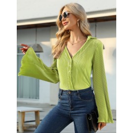 Solid Pleated V Neck Blouse, Casual Button Front Bell Sleeve Blouse For Spring & Fall, Women's Clothing Solid Pleated V Neck Blouse, Casual Button Front Bell Sleeve Blouse For Spring & Fall, Women's Clothing