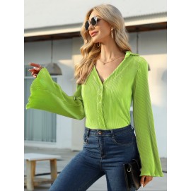 Solid Pleated V Neck Blouse, Casual Button Front Bell Sleeve Blouse For Spring & Fall, Women's Clothing Solid Pleated V Neck Blouse, Casual Button Front Bell Sleeve Blouse For Spring & Fall, Women's Clothing