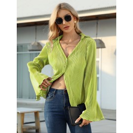 Solid Pleated V Neck Blouse, Casual Button Front Bell Sleeve Blouse For Spring & Fall, Women's Clothing Solid Pleated V Neck Blouse, Casual Button Front Bell Sleeve Blouse For Spring & Fall, Women's Clothing