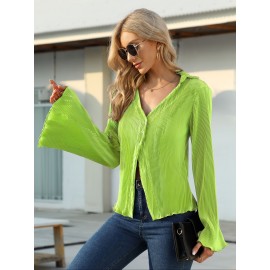 Solid Pleated V Neck Blouse, Casual Button Front Bell Sleeve Blouse For Spring & Fall, Women's Clothing Solid Pleated V Neck Blouse, Casual Button Front Bell Sleeve Blouse For Spring & Fall, Women's Clothing