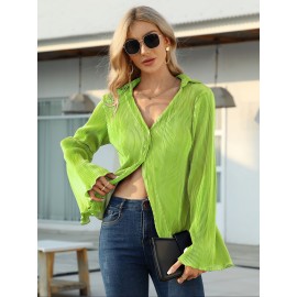 Solid Pleated V Neck Blouse, Casual Button Front Bell Sleeve Blouse For Spring & Fall, Women's Clothing Solid Pleated V Neck Blouse, Casual Button Front Bell Sleeve Blouse For Spring & Fall, Women's Clothing